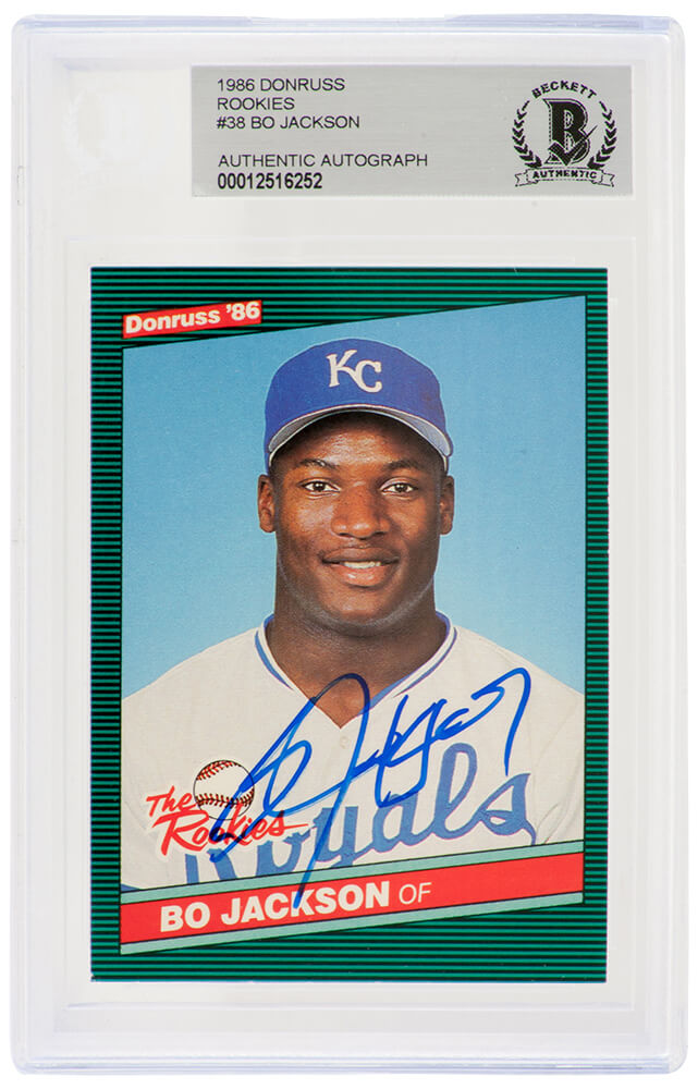 Bo Jackson Signed Kansas City Royals 1986 Donruss The Rookies Rookie Baseball Card #38 - (Beckett Encapsulated) - JACCAR104 - Bo Jackson Signed Kansas City Royals 1986 Donruss The Rookies Rookie Baseball Card #38 - (Beckett Encapsulated) product image