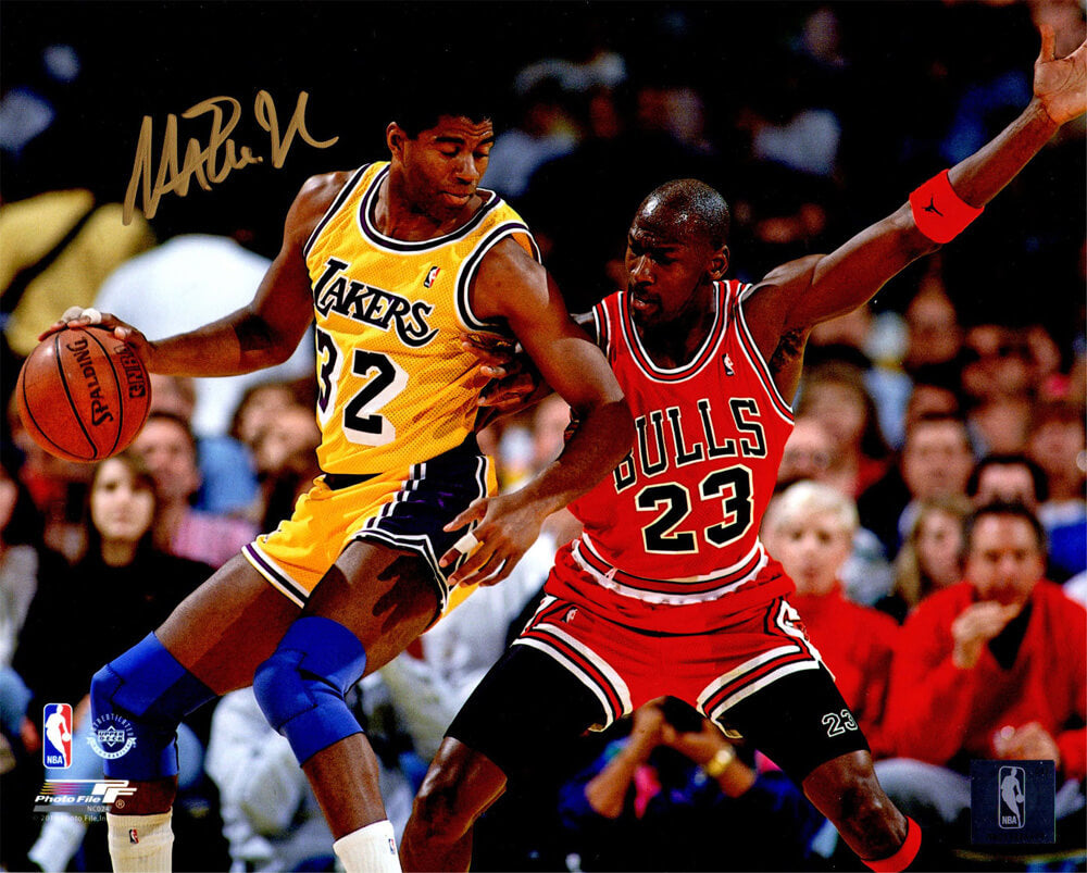 Magic Johnson Signed Los Angeles Lakers Action 8x10 Photo w/Michael Jordan - JOH08P209 - Magic Johnson Signed Los Angeles Lakers Action 8x10 Photo w/Michael Jordan product image