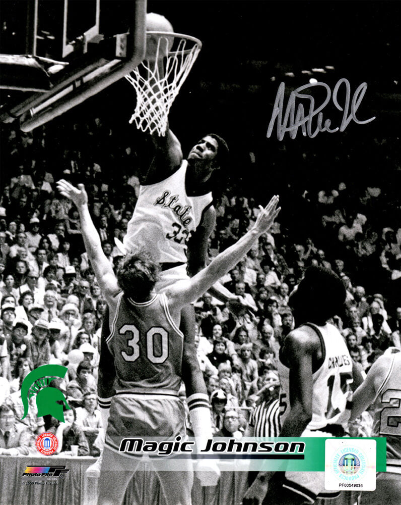 Magic Johnson Signed Michigan State Spartans Slam Dunk B&W 8x10 Photo - JOH08P212 - Magic Johnson Signed Michigan State Spartans Slam Dunk B&W 8x10 Photo product image