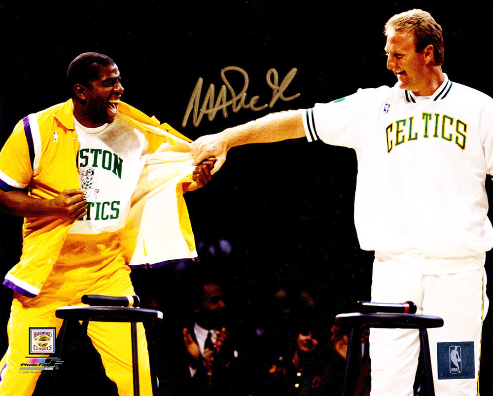 Magic Johnson Signed Lakers / Celtics Larry Bird Retirement Night 8x10 Photo w/Larry Bird - JOH08P214 - Magic Johnson Signed Lakers / Celtics Larry Bird Retirement Night 8x10 Photo w/Larry Bird product image