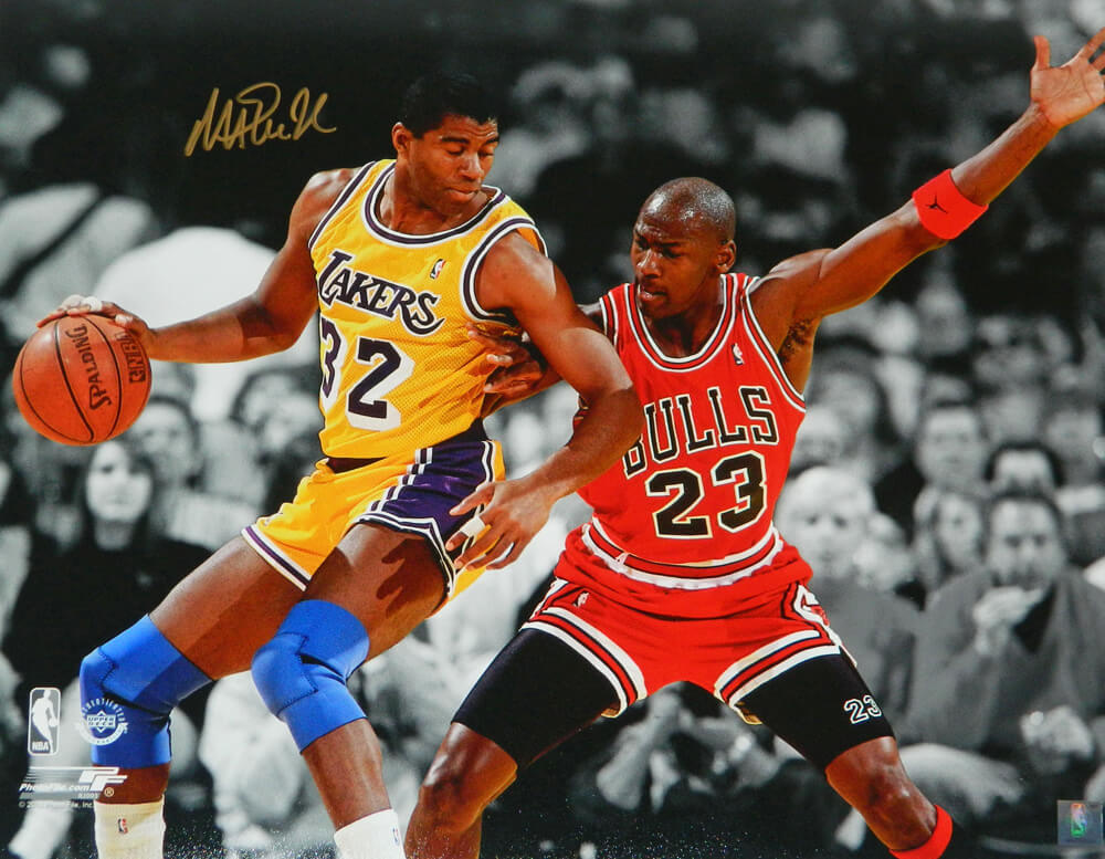 Magic Johnson Signed Los Angeles Lakers Spotlight Action 16x20 Photo w/Michael Jordan - JOH16P235 - Magic Johnson Signed Los Angeles Lakers Spotlight Action 16x20 Photo w/Michael Jordan product image