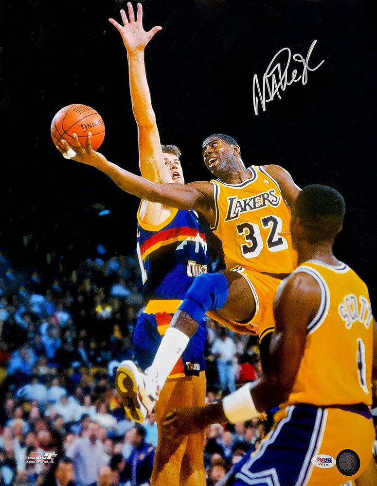 Magic Johnson Signed Los Angeles Lakers Action vs Nuggets 16x20 Photo (PSA/DNA) - JOH16P244 - Magic Johnson Signed Los Angeles Lakers Action vs Nuggets 16x20 Photo (PSA/DNA) product image