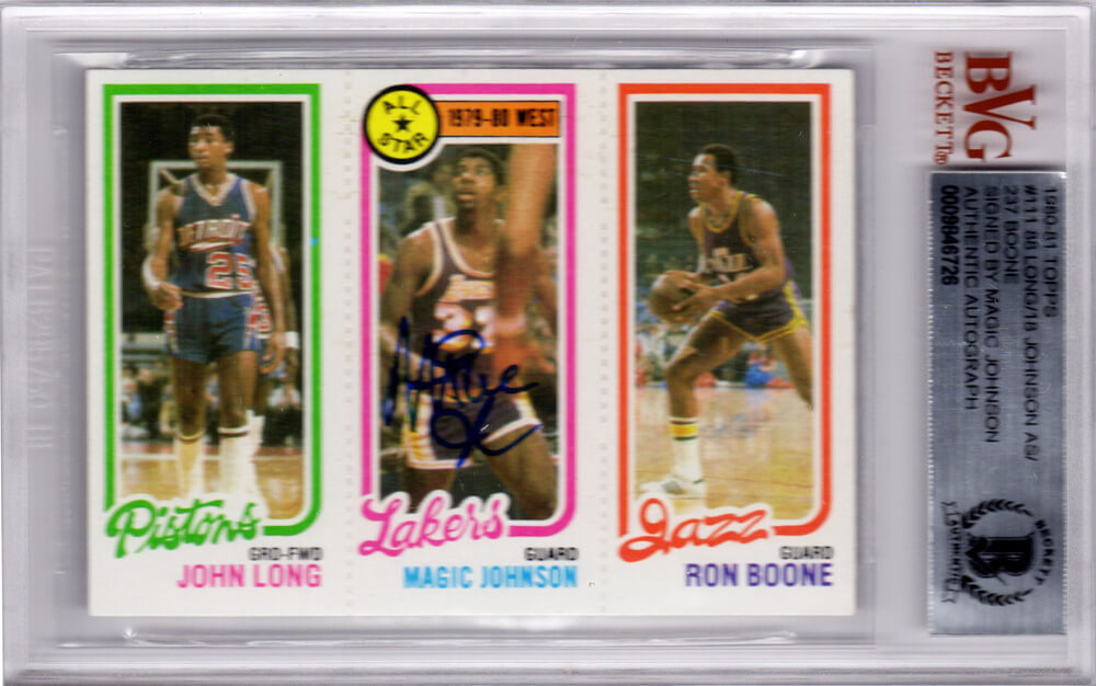 Magic Johnson signed Los Angeles Lakers 1980 Topps Rookie Card #18 - (Beckett Encapsulated) - JOHCAR204 - Magic Johnson signed Los Angeles Lakers 1980 Topps Rookie Card #18 - (Beckett Encapsulated) product image