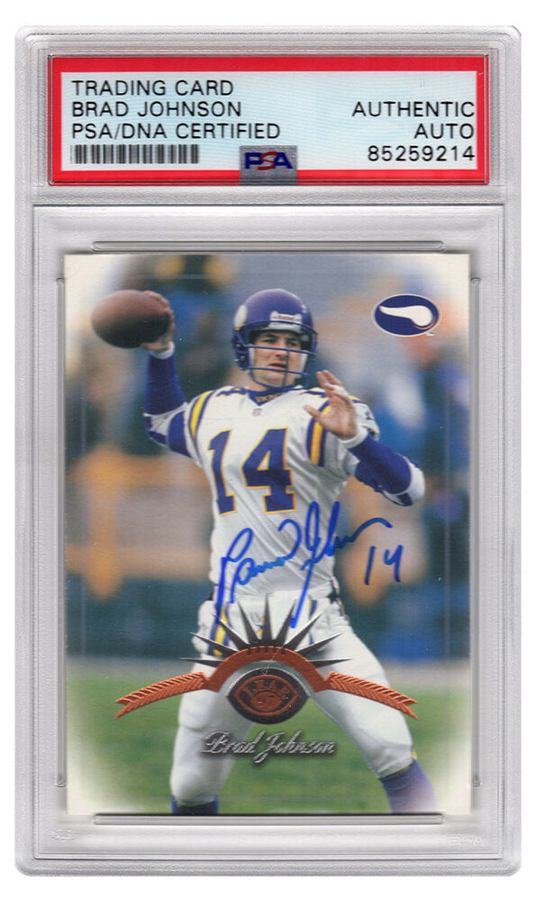 Brad Johnson Signed Minnesota Vikings 1997 Leaf Football Trading Card #23 - (PSA Encapsulated) - JOHCAR300 - Brad Johnson Signed Minnesota Vikings 1997 Leaf Football Trading Card #23 - (PSA Encapsulated) product image