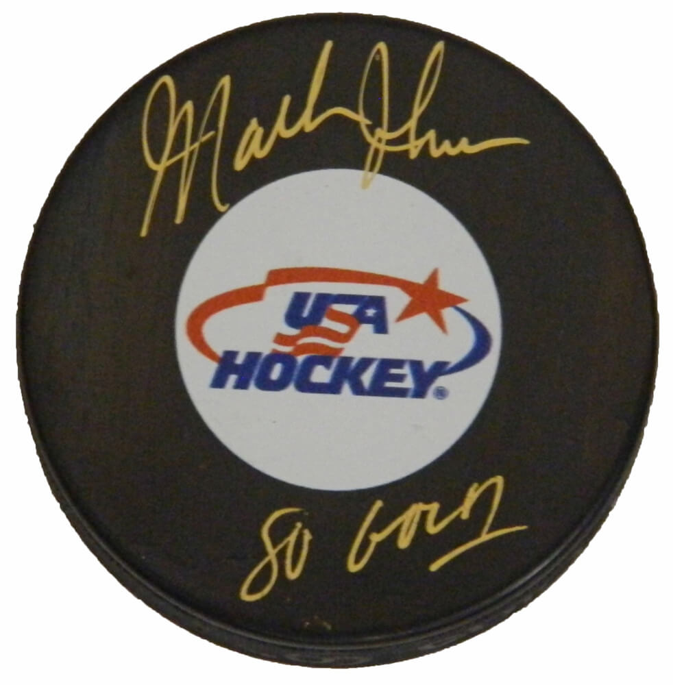 Mark Johnson Signed USA Hockey Logo Hockey Puck w/80 Gold - JOHPUC400 - Mark Johnson Signed USA Hockey Logo Hockey Puck w/80 Gold product image