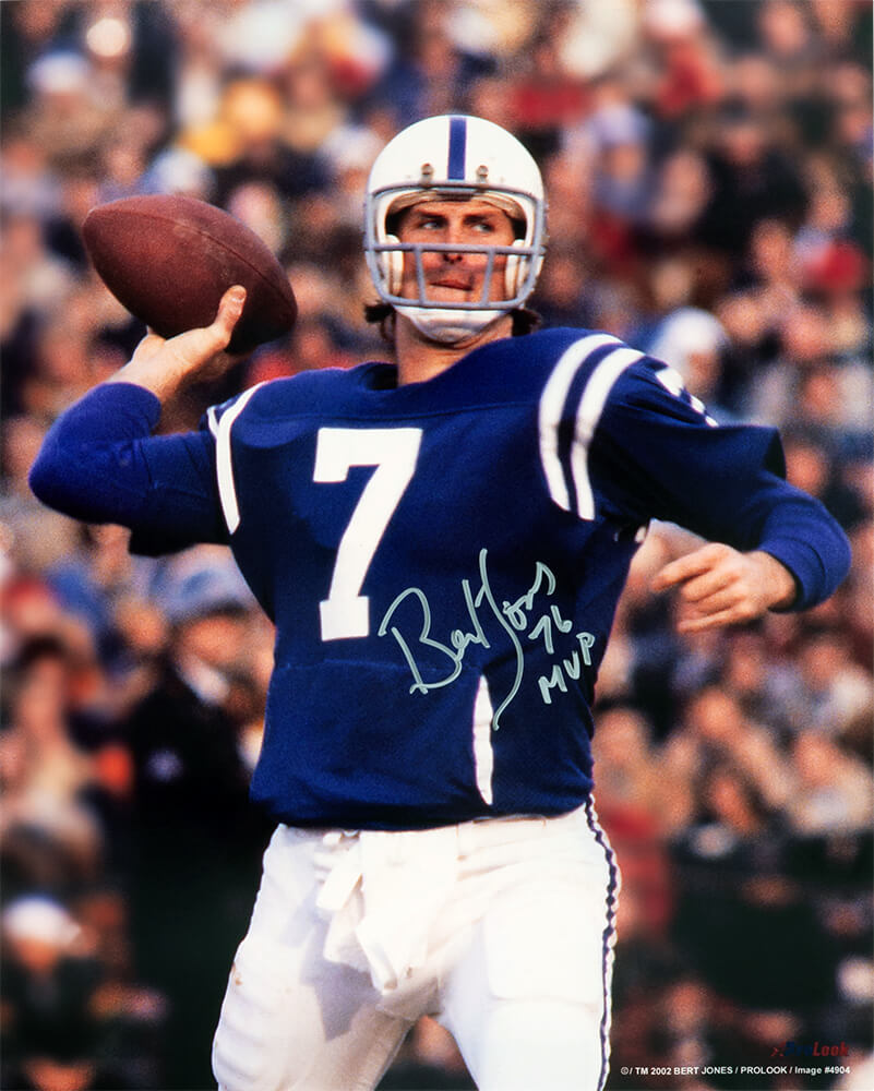 Bert Jones Signed Colts Blue Jersey Passing Action 16×20 Photo w/76 MVP - JON16P311 - Bert Jones Signed Colts Blue Jersey Passing Action 16×20 Photo w/76 MVP product image