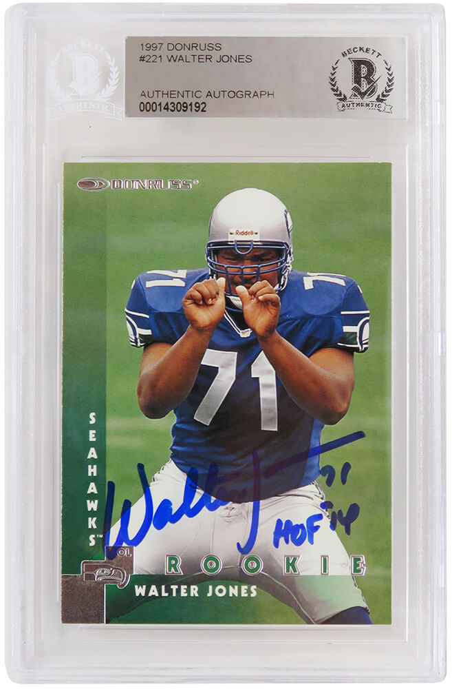 Walter Jones Signed Seattle Seahawks 1997 Donruss Football Rookie Card #221 w/HOF 14 - (Beckett Encapsulated) - JONCAR316 - Walter Jones Signed Seattle Seahawks 1997 Donruss Football Rookie Card #221 w/HOF 14 - (Beckett Encapsulated) product image