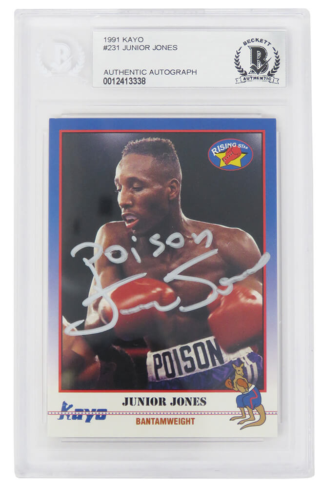 Junior Jones Signed 1991 Kayo Boxing Card #231 w/Poison - (Beckett Encapsulated) - JONCAR510 - Junior Jones Signed 1991 Kayo Boxing Card #231 w/Poison - (Beckett Encapsulated) product image