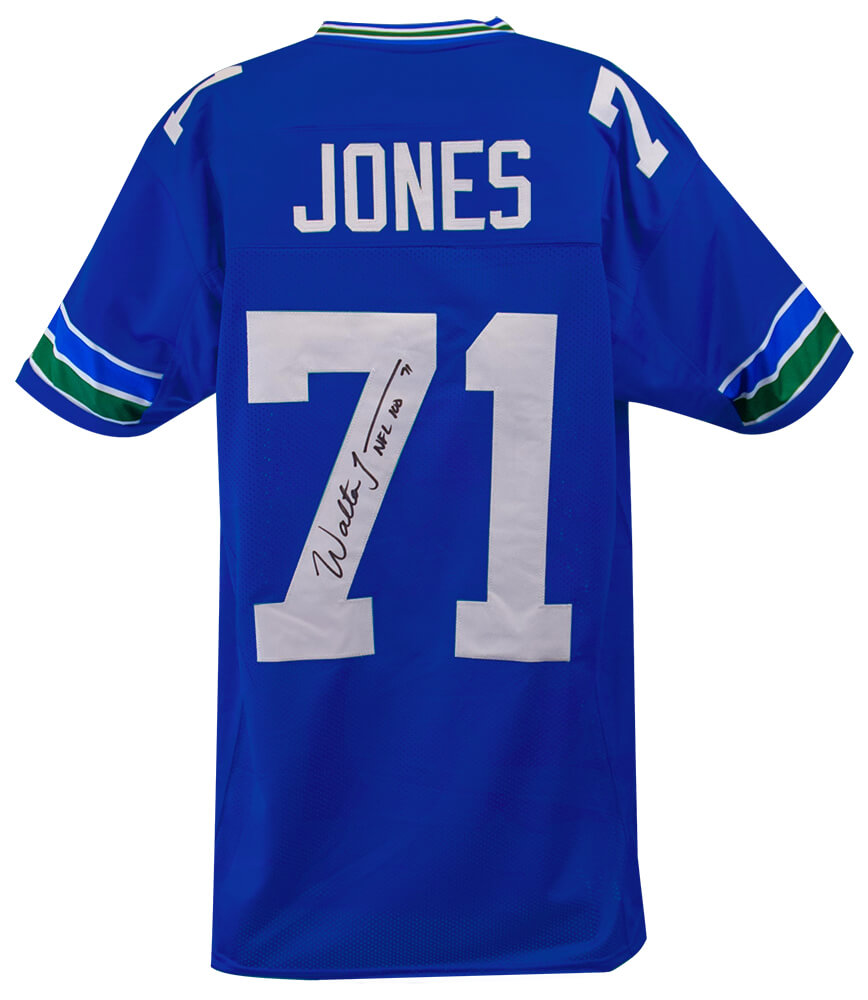 Walter Jones Signed Blue Throwback Custom Football Jersey w/NFL 100 - JONJRY311 - Walter Jones Signed Blue Throwback Custom Football Jersey w/NFL 100 product image