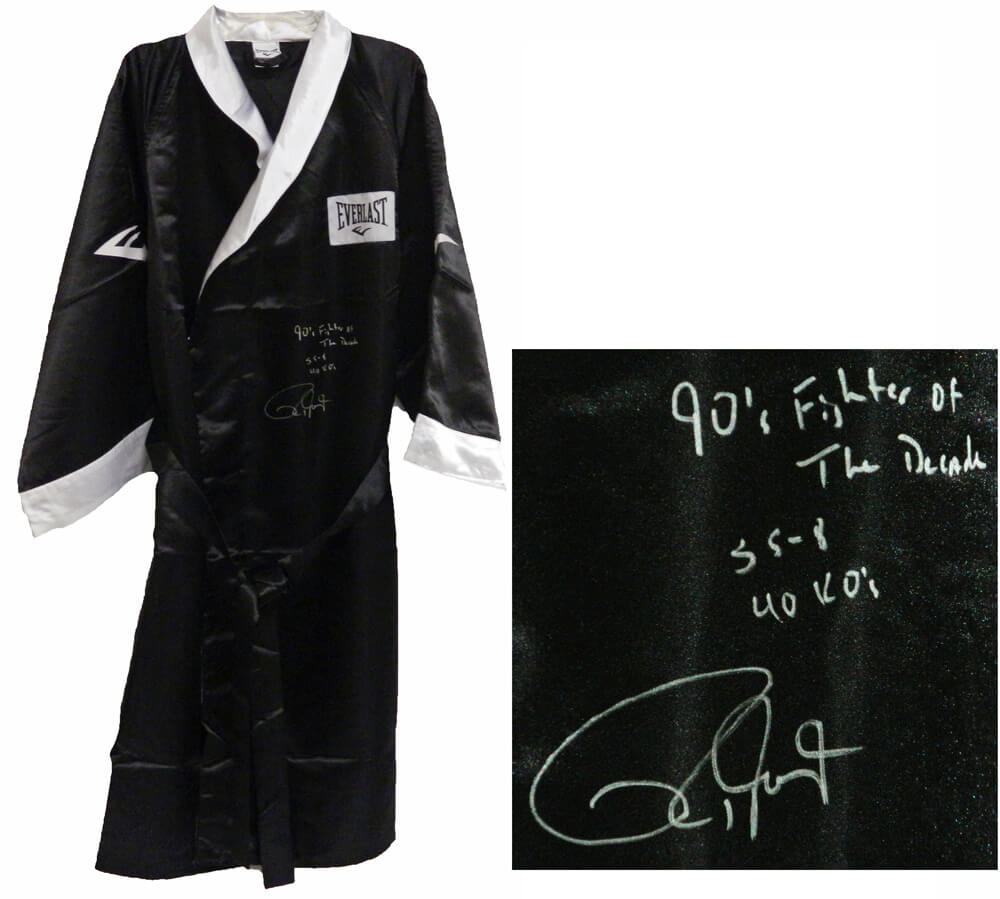 Roy Jones Jr Signed Everlast Black Full Length Boxing Robe w/90's Fighter of the Decade & 55-8, 40 KO's - JONROB503 - Roy Jones Jr Signed Everlast Black Full Length Boxing Robe w/90's Fighter of the Decade & 55-8, 40 KO's product image