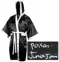 Junior Jones Signed Title Black With White Trim Boxing Robe w/Poison - JONROB521 - Junior Jones Signed Title Black With White Trim Boxing Robe w/Poison product image