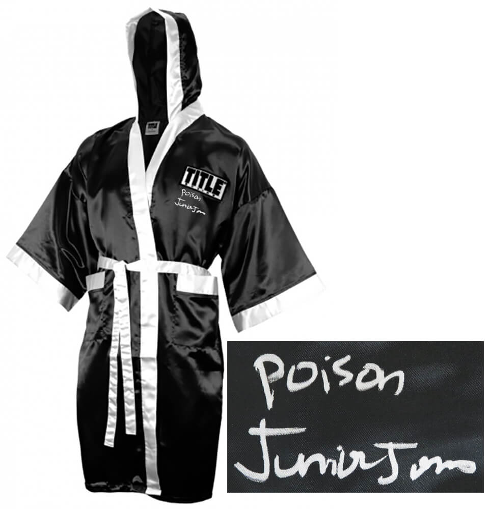 Junior Jones Signed Title Black With White Trim Boxing Robe w/Poison - JONROB521 - Junior Jones Signed Title Black With White Trim Boxing Robe w/Poison product image