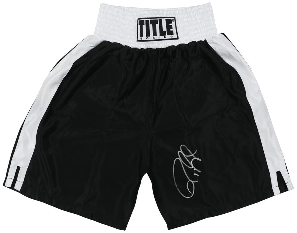 Roy Jones Jr. Signed Title Black With White Trim Boxing Trunks - JONTRU505 - Roy Jones Jr. Signed Title Black With White Trim Boxing Trunks product image
