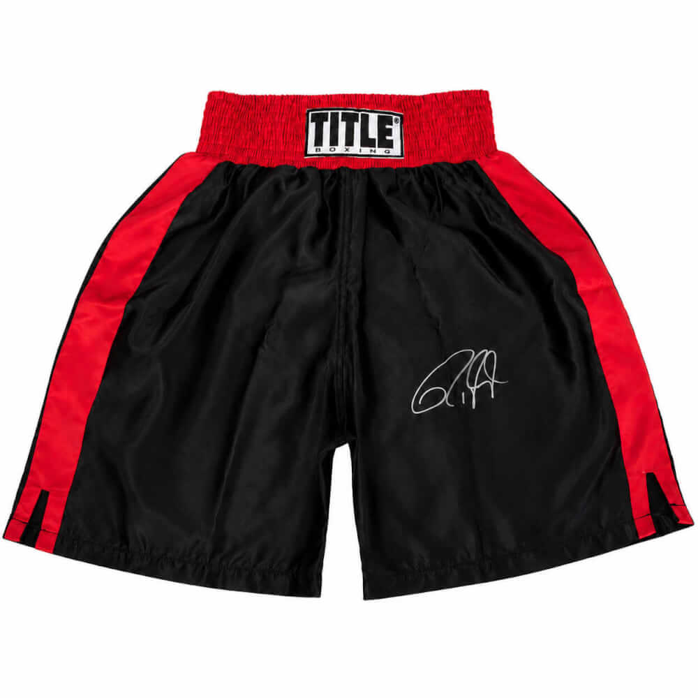 Roy Jones Jr. Signed Title Black With Red Trim Boxing Trunks - JONTRU506 - Roy Jones Jr. Signed Title Black With Red Trim Boxing Trunks product image