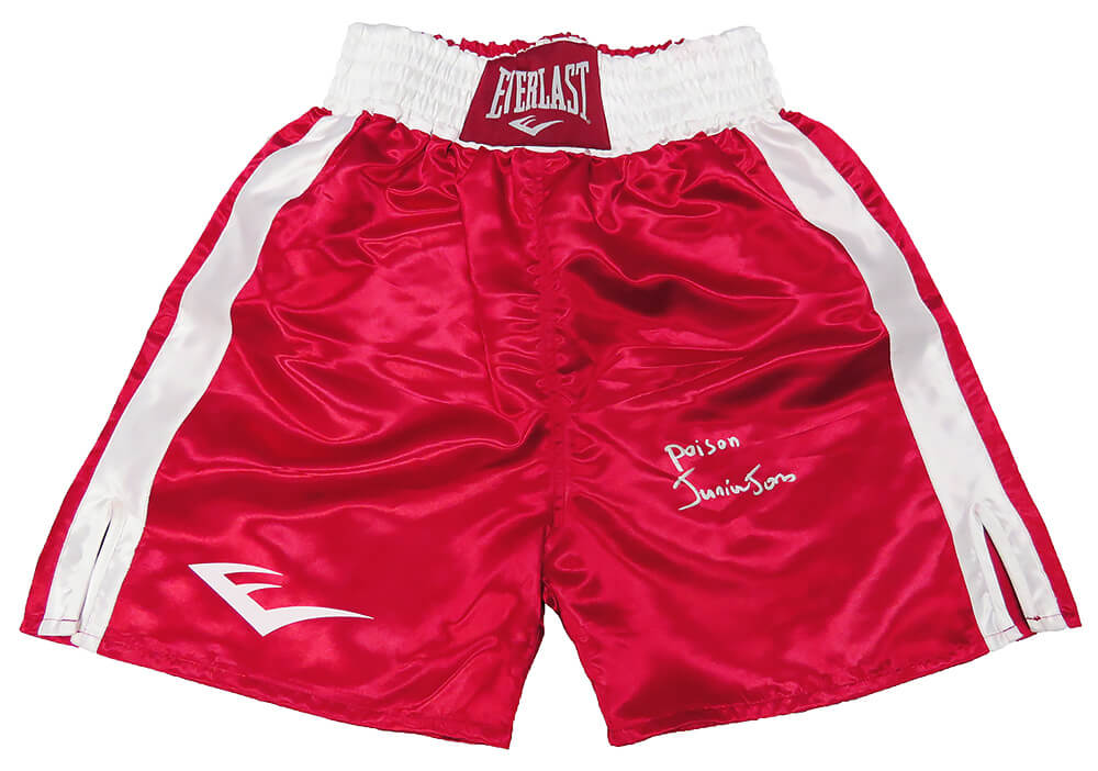 Junior Jones Signed Everlast Red Boxing Trunks w/Poison - JONTRU520 - Junior Jones Signed Everlast Red Boxing Trunks w/Poison product image