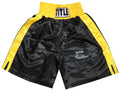 Junior Jones Signed Title Black & Gold Trim Boxing Trunks w/Poison - JONTRU521 - Junior Jones Signed Title Black & Gold Trim Boxing Trunks w/Poison product image