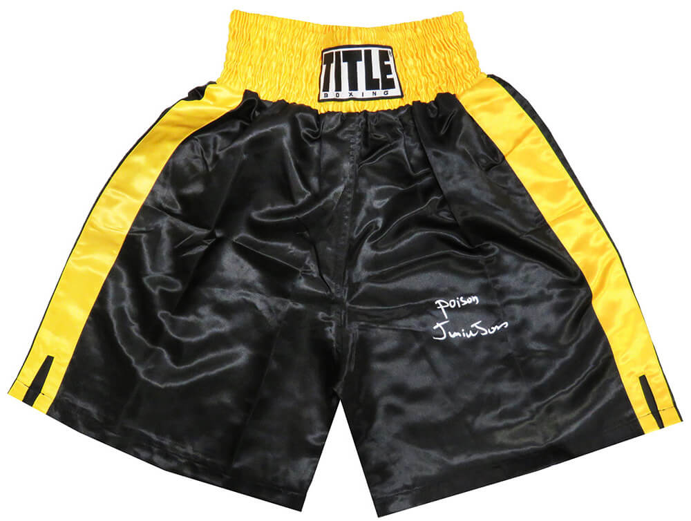 Junior Jones Signed Title Black & Gold Trim Boxing Trunks w/Poison - JONTRU521 - Junior Jones Signed Title Black & Gold Trim Boxing Trunks w/Poison product image