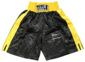 Junior Jones Signed Title Black & Yellow Trim Boxing Trunks w/Poison - JONTRU522 - Junior Jones Signed Title Black & Yellow Trim Boxing Trunks w/Poison product image