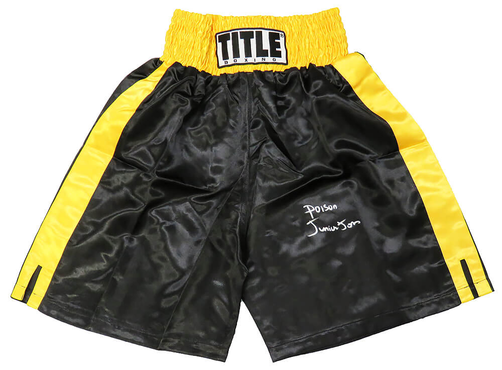 Junior Jones Signed Title Black & Yellow Trim Boxing Trunks w/Poison - JONTRU522 - Junior Jones Signed Title Black & Yellow Trim Boxing Trunks w/Poison product image
