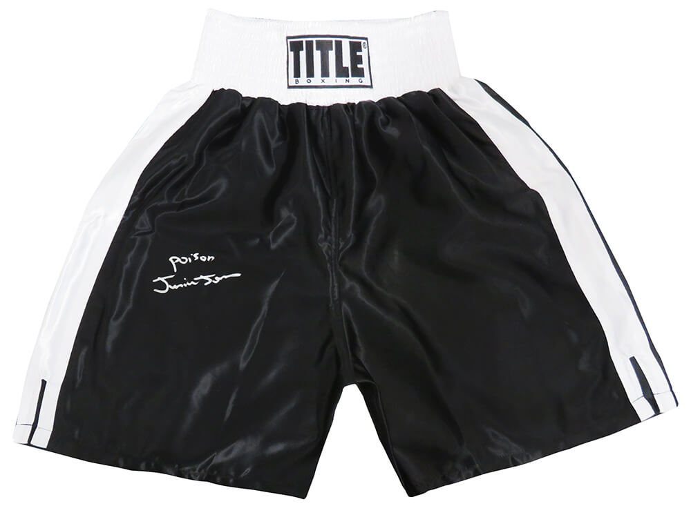Junior Jones Signed Title Black With White Trim Boxing Trunks w/Poison - JONTRU523 - Junior Jones Signed Title Black With White Trim Boxing Trunks w/Poison product image