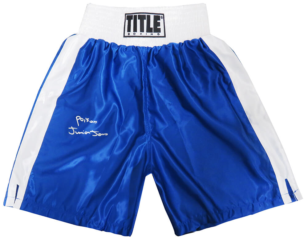 Junior Jones Signed Title Blue With White Trim Boxing Trunks w/Poison - JONTRU524 - Junior Jones Signed Title Blue With White Trim Boxing Trunks w/Poison product image