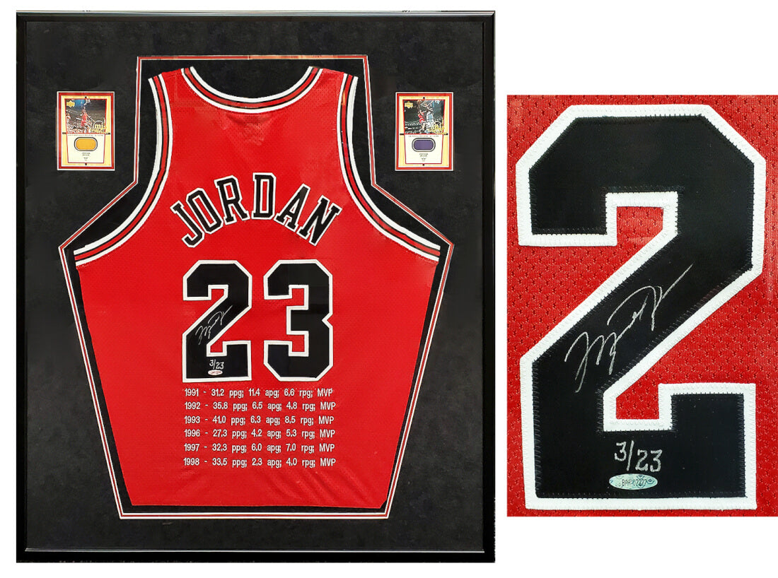 Michael Jordan Signed & Framed Chicago Bulls Red Jersey With Embroidered MVP Stats LE#3/23 (UDA) - JORJRY200 - Michael Jordan Signed & Framed Chicago Bulls Red Jersey With Embroidered MVP Stats LE#3/23 (UDA) product image