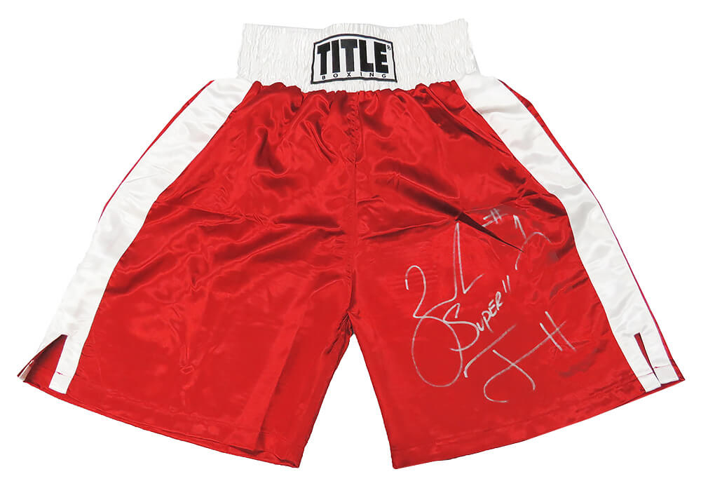 Zab Judah Signed Title Red Boxing Trunks w/Super - JUDTRU501 - Zab Judah Signed Title Red Boxing Trunks w/Super product image