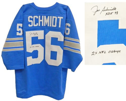 Joe Schmidt Signed Autographed Blue Custom Jersey w/HOF'73 & 53,57 NFL Champs - SCHJRY300 - Joe Schmidt Signed Autographed Blue Custom Jersey w/HOF'73 & 53,57 NFL Champs product image