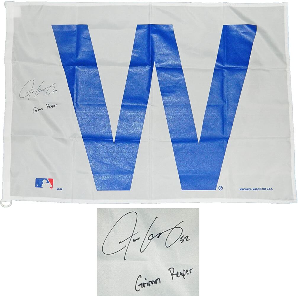 Justin Grimm Signed Chicago Cubs 27x37 White W Flag w/Grimm Reaper - GRIFLG100 - Justin Grimm Signed Chicago Cubs 27x37 White W Flag w/Grimm Reaper product image
