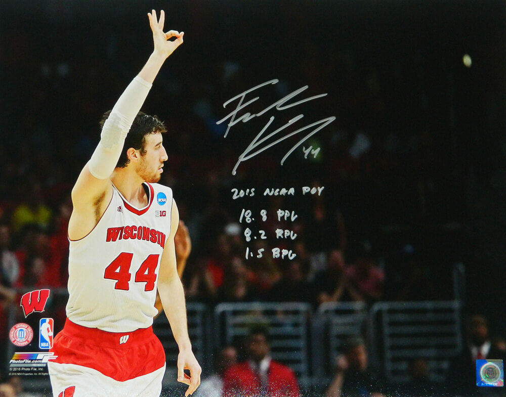 Frank Kaminsky Signed Wisconsin Badgers Three Fingers Raised 16x20 Photo w/2015 POY, 18.8 PPG, 8.2 RPG, 1.5 BPG - KAM16P225 - Frank Kaminsky Signed Wisconsin Badgers Three Fingers Raised 16x20 Photo w/2015 POY, 18.8 PPG, 8.2 RPG, 1.5 BPG product image