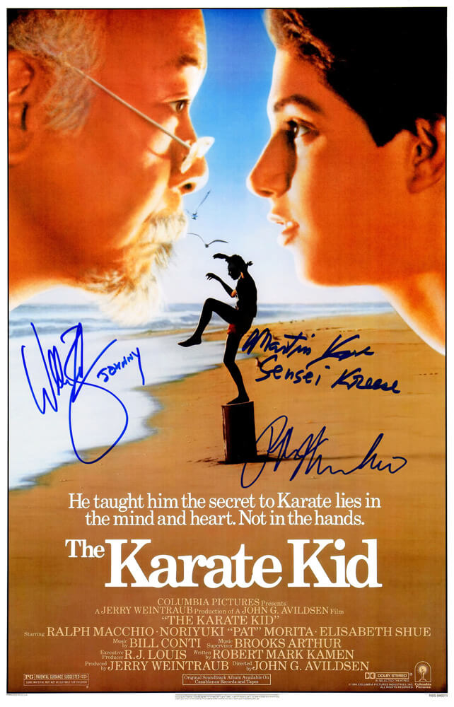 Ralph Macchio, William Zabka & Martin Kove Cast Signed The Karate Kid 11x17 Movie Poster w/Johnny, Sensei Kreese - KARPST500 - Ralph Macchio, William Zabka & Martin Kove Cast Signed The Karate Kid 11x17 Movie Poster w/Johnny, Sensei Kreese product image