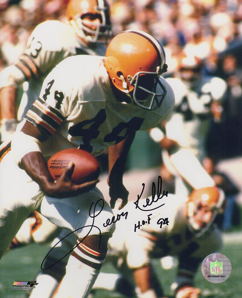 Leroy Kelly Signed Cleveland Browns White Jersey With Football Action 8x10 Photo w/HOF'94 - KEL08P306TW - Leroy Kelly Signed Cleveland Browns White Jersey With Football Action 8x10 Photo w/HOF'94 product image