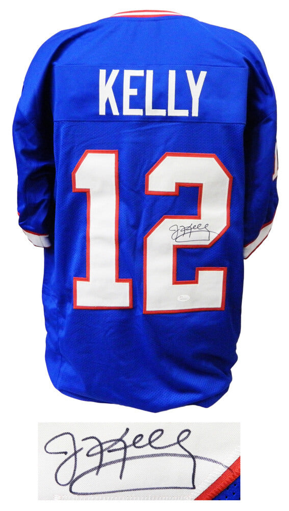 Jim Kelly Signed Blue T/B Custom Football Jersey (JSA) - KELJRY302 - Jim Kelly Signed Blue T/B Custom Football Jersey (JSA) product image