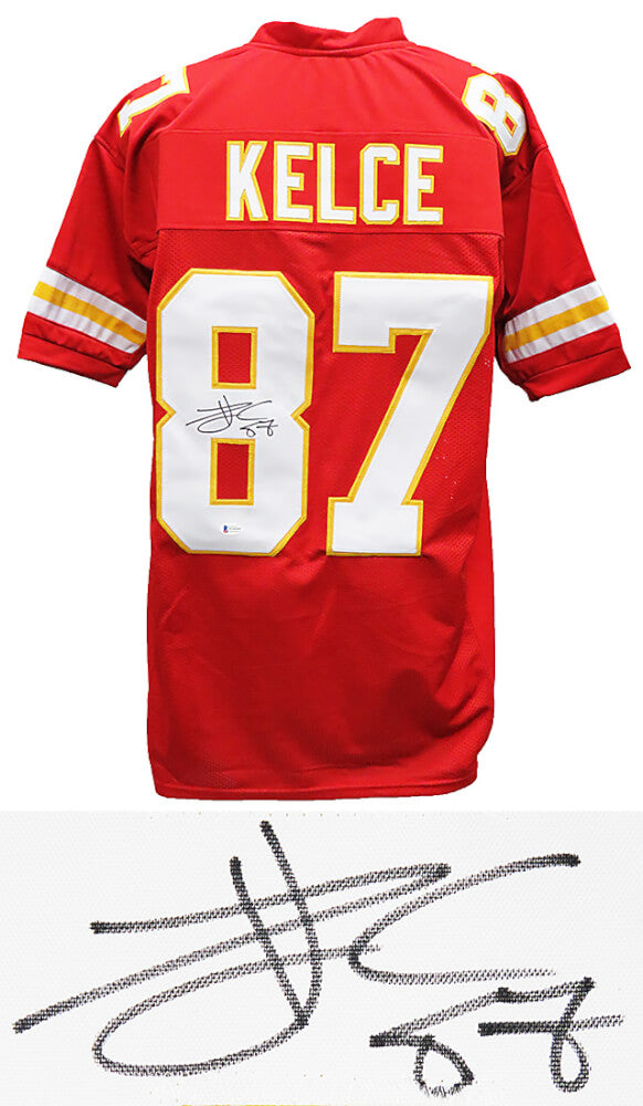 Travis Kelce Signed Red Custom Football Jersey (Beckett) - KELJRY312 - Travis Kelce Signed Red Custom Football Jersey (Beckett) product image
