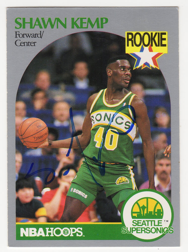 Shawn Kemp Signed Seattle Supersonics 1990 NBA Hoops Rookie Basketball Trading Card #279 - KEMCAR201 - Shawn Kemp Signed Seattle Supersonics 1990 NBA Hoops Rookie Basketball Trading Card #279 product image