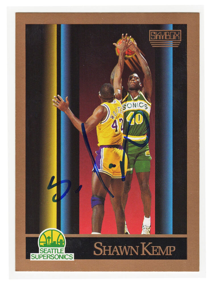 Shawn Kemp Signed Seattle Supersonics 1990 Skybox Rookie Basketball Trading Card #268 - KEMCAR202 - Shawn Kemp Signed Seattle Supersonics 1990 Skybox Rookie Basketball Trading Card #268 product image