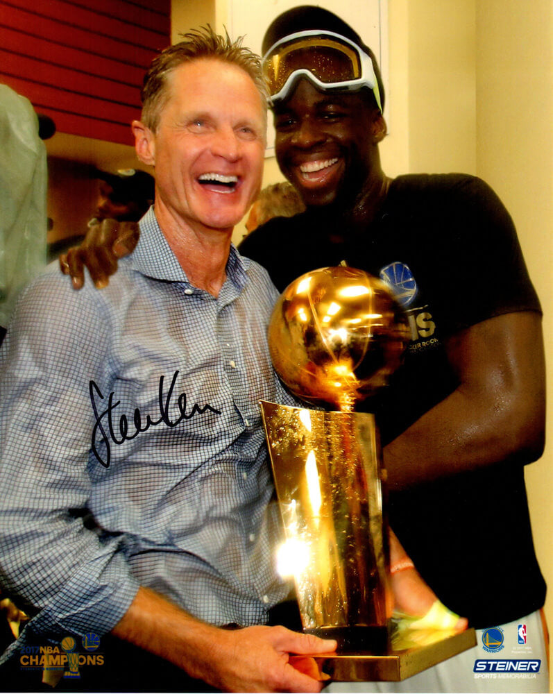 Steve Kerr Signed Golden State Warriors Holding 2017 NBA Champs Trophy With Draymond Green 8x10 Photo - KER08P205 - Steve Kerr Signed Golden State Warriors Holding 2017 NBA Champs Trophy With Draymond Green 8x10 Photo product image