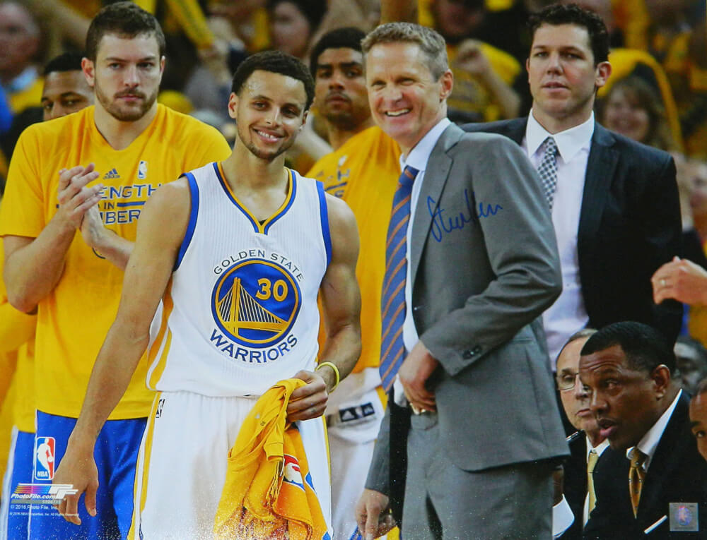 Steve Kerr Signed Golden State Warriors Standing With Stephen Curry 16x20 Photo - KER16P200 - Steve Kerr Signed Golden State Warriors Standing With Stephen Curry 16x20 Photo product image