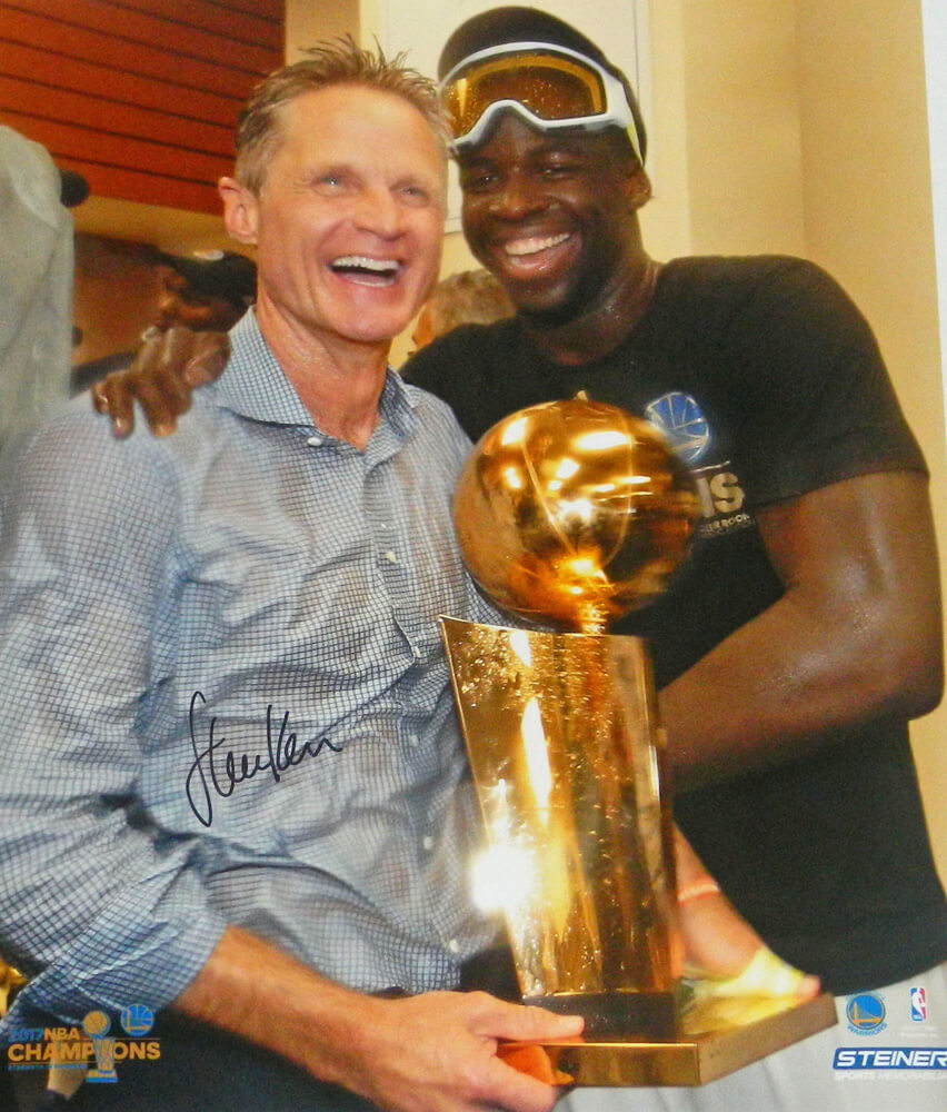 Steve Kerr Signed Golden State Warriors Holding 2017 NBA Champs Trophy With Draymond Green 16x20 Photo - KER16P207 - Steve Kerr Signed Golden State Warriors Holding 2017 NBA Champs Trophy With Draymond Green 16x20 Photo product image