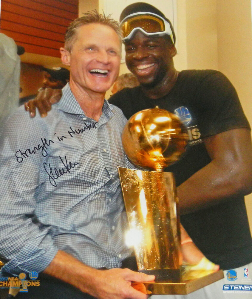Steve Kerr Signed Warriors 2017 NBA Champs Holding Trophy With Draymond Green 16x20 Photo w/Strength In Numbers - KER16P208 - Steve Kerr Signed Warriors 2017 NBA Champs Holding Trophy With Draymond Green 16x20 Photo w/Strength In Numbers product image