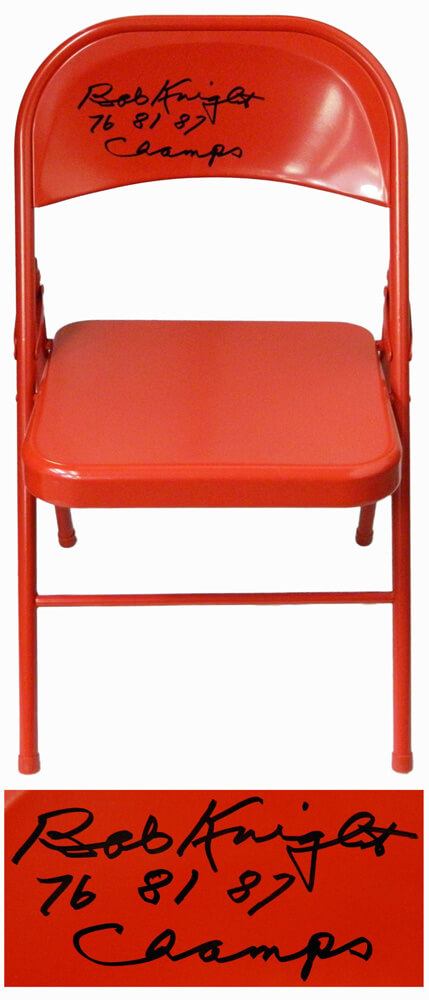 Bobby Knight Signed Red Folding Chair w/76, 81, 87 Champs - KNISTB204 - Bobby Knight Signed Red Folding Chair w/76, 81, 87 Champs product image