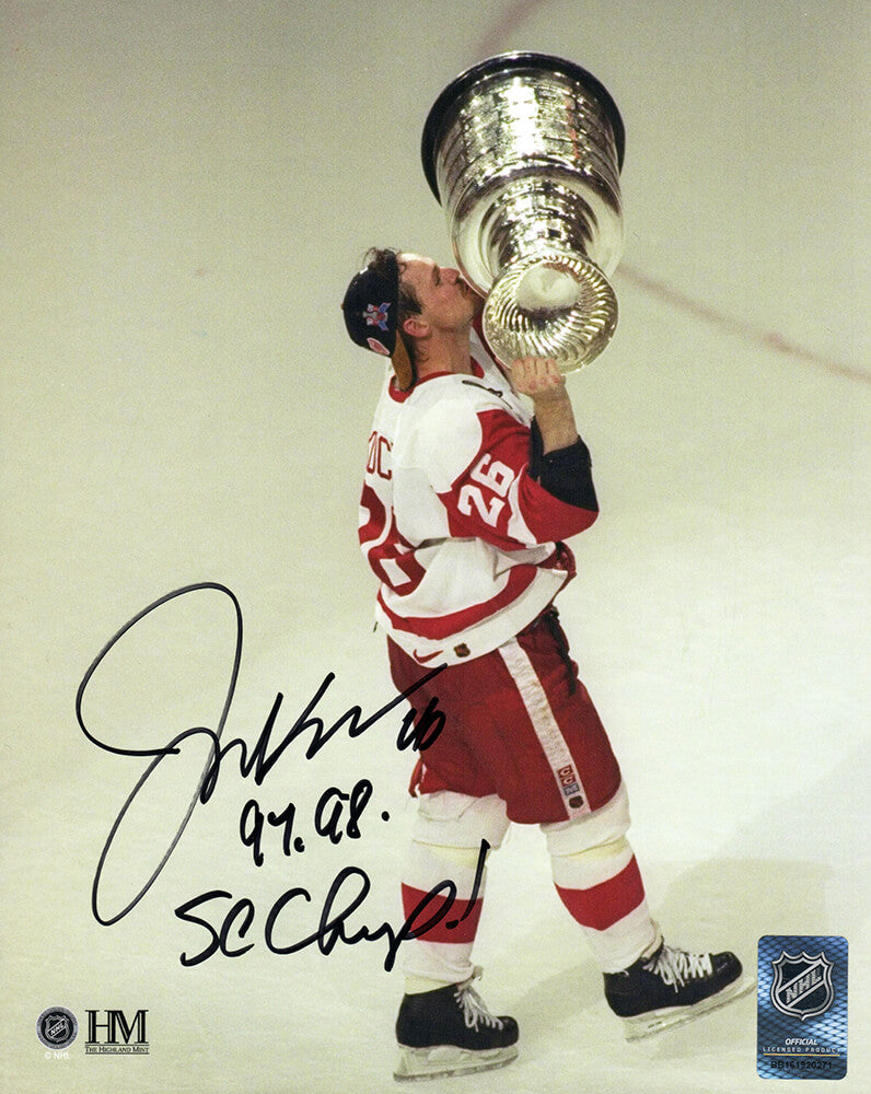 Joe Kocur Signed Detroit Red Wings Kissing Stanley Cup 8x10 Photo w/97, 98 SC Champ - KOC08P400 - Joe Kocur Signed Detroit Red Wings Kissing Stanley Cup 8x10 Photo w/97, 98 SC Champ product image