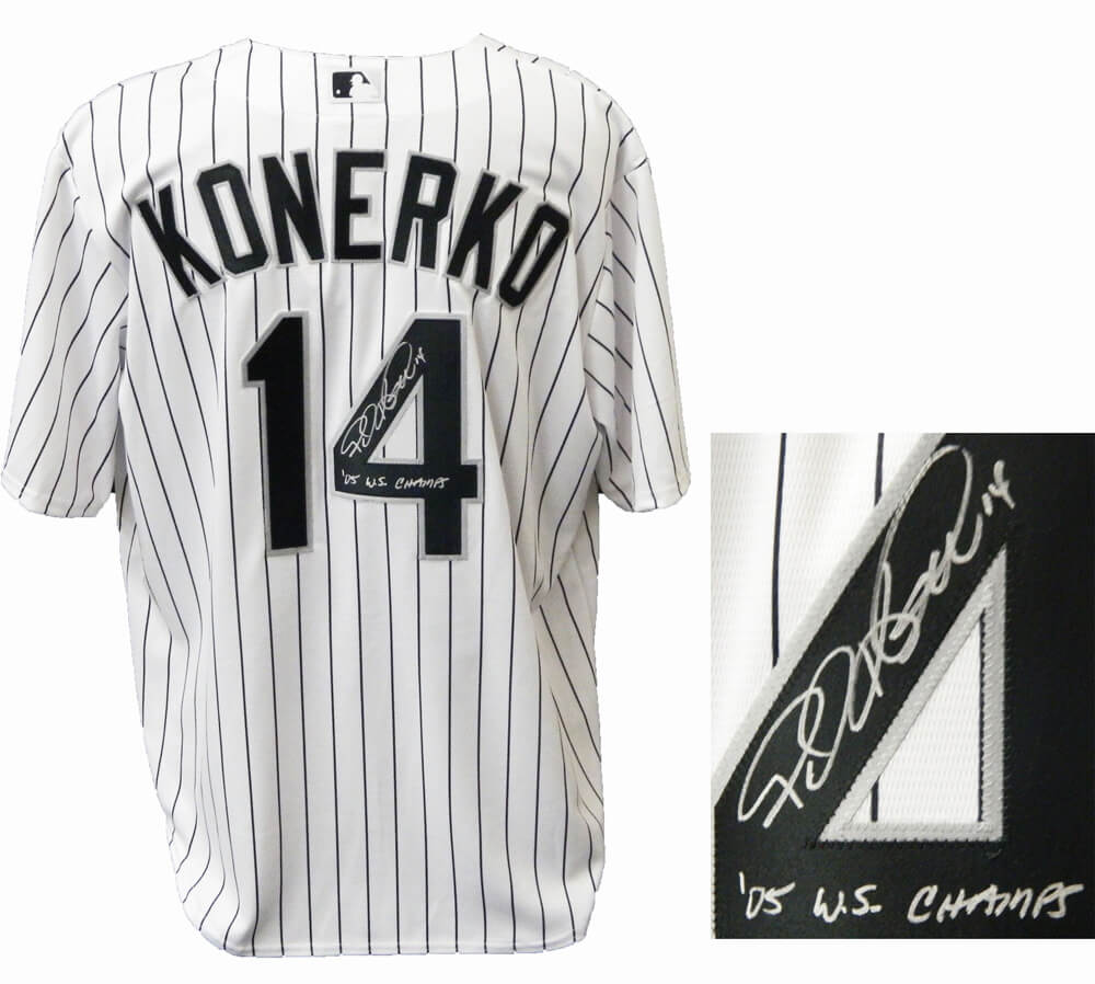 Paul Konerko Signed White Sox Majestic Pinstripe Replica Jersey w/05 WS Champs - KONJRY103 - Paul Konerko Signed White Sox Majestic Pinstripe Replica Jersey w/05 WS Champs product image