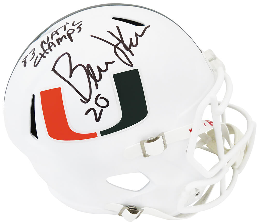 Bernie Kosar Signed Miami Hurricanes White Riddell Full Size Speed Replica Helmet w/83 Nat'l Champs - KOSREP304 - Bernie Kosar Signed Miami Hurricanes White Riddell Full Size Speed Replica Helmet w/83 Nat'l Champs product image