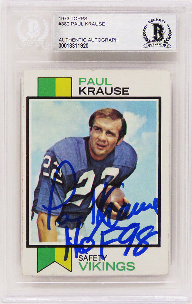 Paul Krause Signed Minnesota Vikings 1973 Topps Football Card #380 w/HOF'98 - (Beckett Encapsulated) - KRACAR300 - Paul Krause Signed Minnesota Vikings 1973 Topps Football Card #380 w/HOF'98 - (Beckett Encapsulated) product image