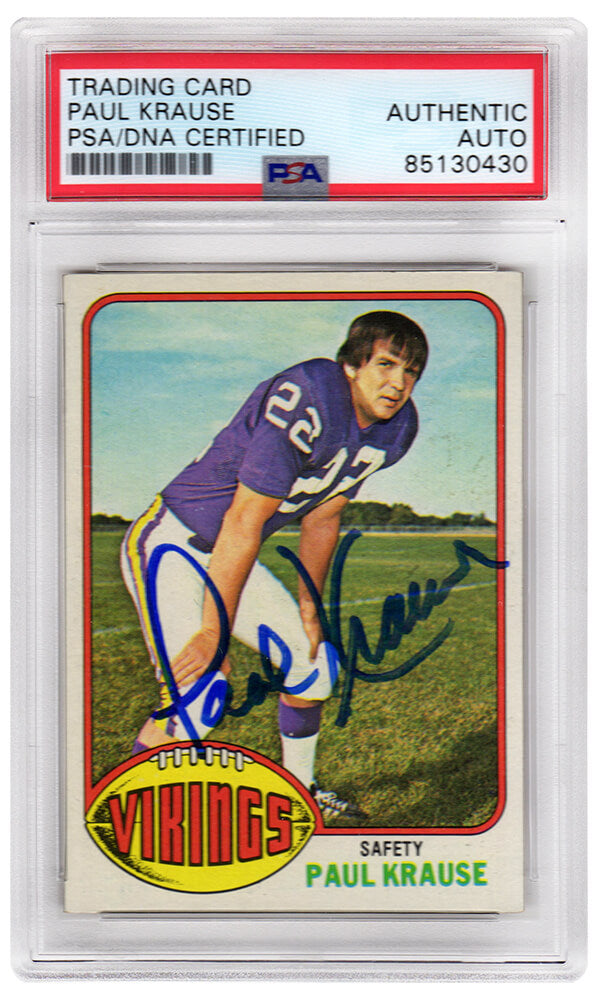 Paul Krause Signed Minnesota Vikings 1976 Topps Football Card #65 - (PSA/DNA Encapsulated) - KRACAR303 - Paul Krause Signed Minnesota Vikings 1976 Topps Football Card #65 - (PSA/DNA Encapsulated) product image