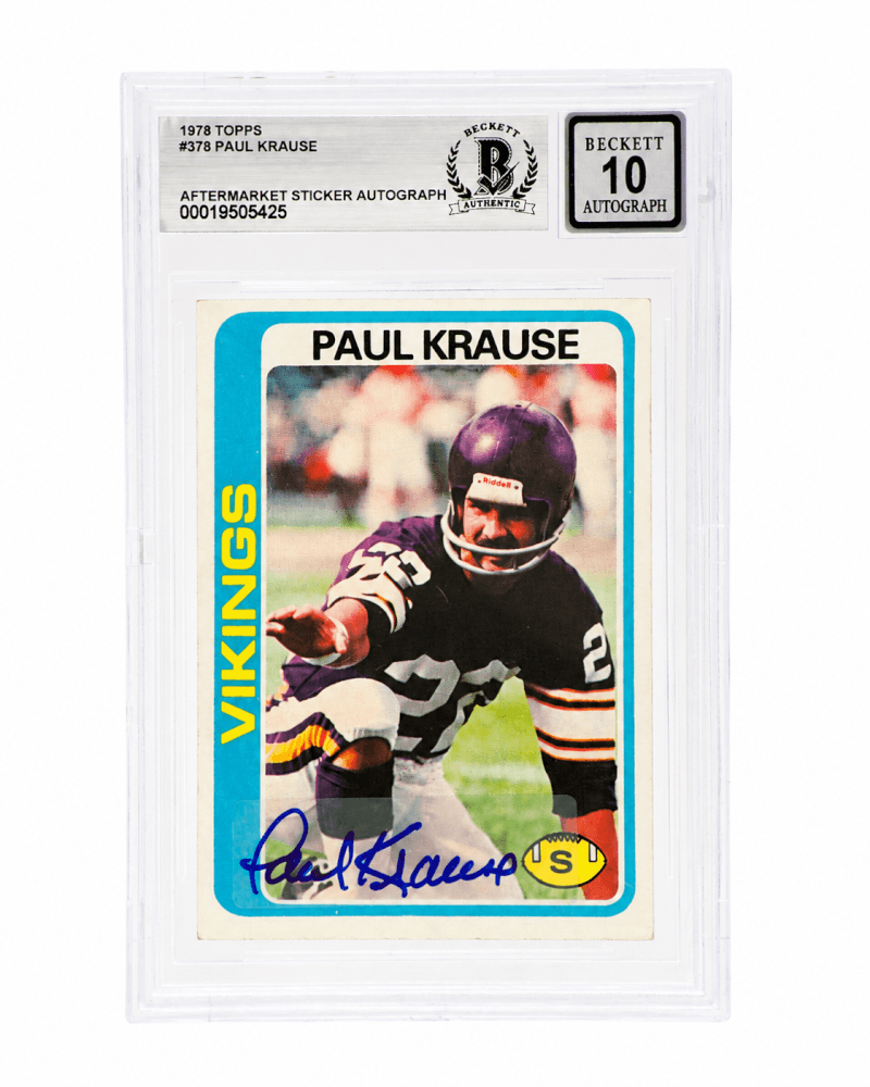 Paul Krause Signed Minnesota Vikings 1978 Topps Football Card #378 - (Beckett - Auto Sticker - Grade 10) - KRACAR305 - Paul Krause Signed Minnesota Vikings 1978 Topps Football Card #378 - (Beckett - Auto Sticker - Grade 10) product image