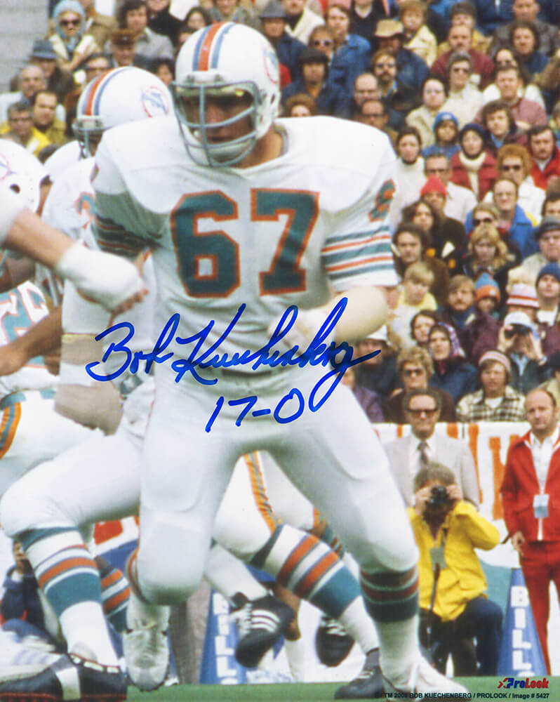 Bob Kuechenberg Signed Miami Dolphins White Jersey Action 8x10 Photo w/17-0 - KUE08P302 - Bob Kuechenberg Signed Miami Dolphins White Jersey Action 8x10 Photo w/17-0 product image