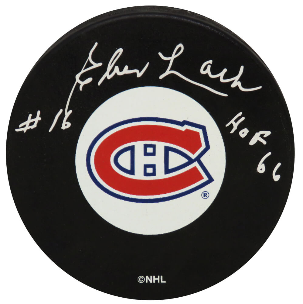 Elmer Lach Signed Montreal Canadiens Logo Hockey Puck w/HOF'66 - LACPUC400 - Elmer Lach Signed Montreal Canadiens Logo Hockey Puck w/HOF'66 product image