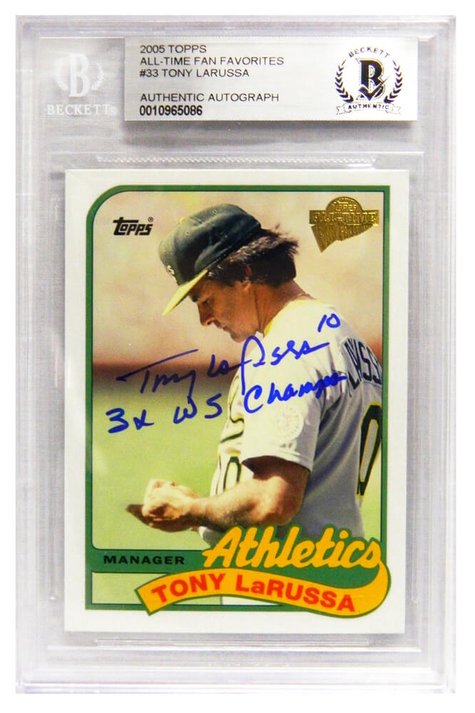 Tony LaRussa Signed Oakland A's (Athletics) 2005 Topps Baseball Trading Card #33 w/3x WS Champs  - (Beckett Encapsulated) - LARCAR100 - Tony LaRussa Signed Oakland A's (Athletics) 2005 Topps Baseball Trading Card #33 w/3x WS Champs - (Beckett Encapsulated) product image